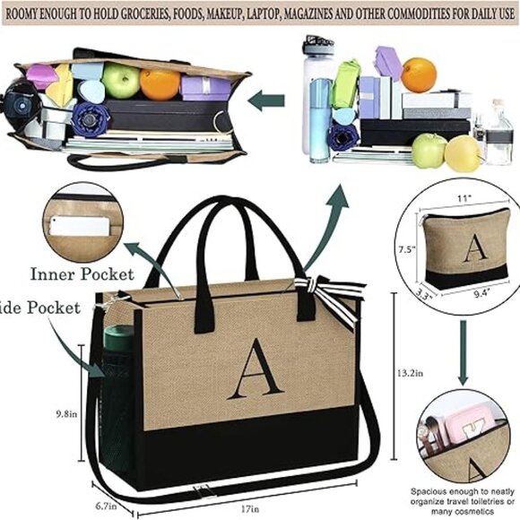 Initial Jute Tote Bag & Makeup Bag, Birthday Gifts for Women Her Mom Teacher - Picture 2 of 6